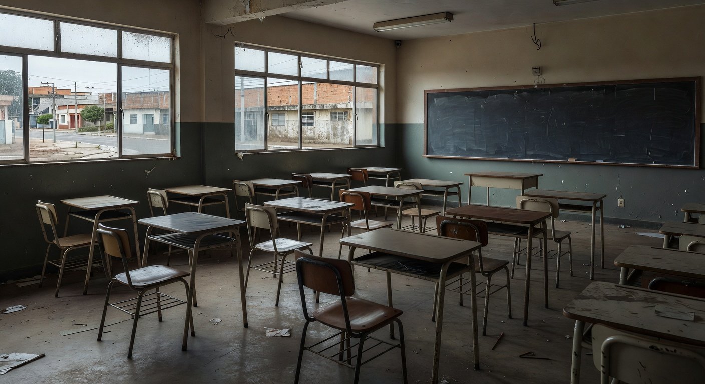 Sala de aula vazia simbolizando estagnação da EJA no Brasil