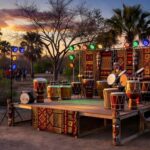 Festival Território do Batuque em Ceilândia com palco e instrumentos de percussão