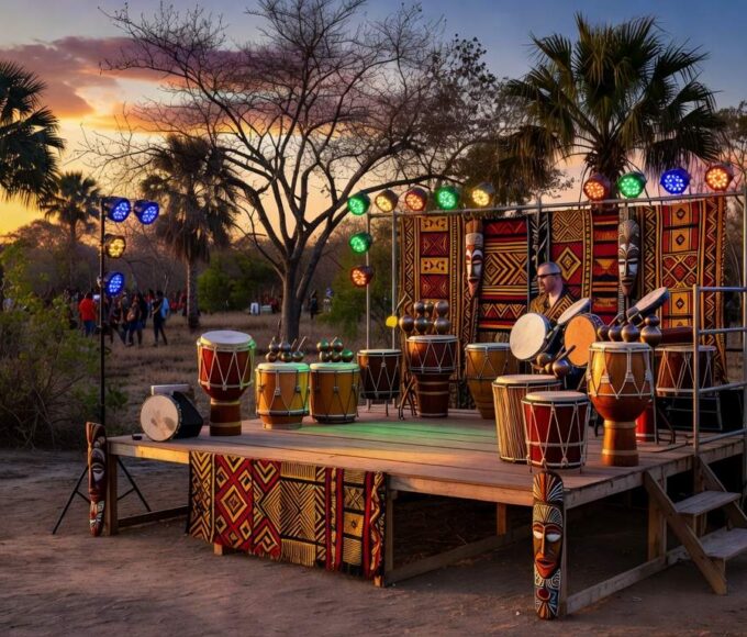 Festival Território do Batuque em Ceilândia com palco e instrumentos de percussão