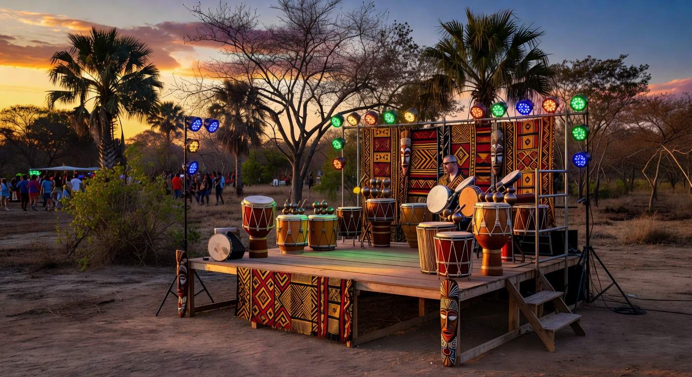Festival Território do Batuque em Ceilândia com palco e instrumentos de percussão