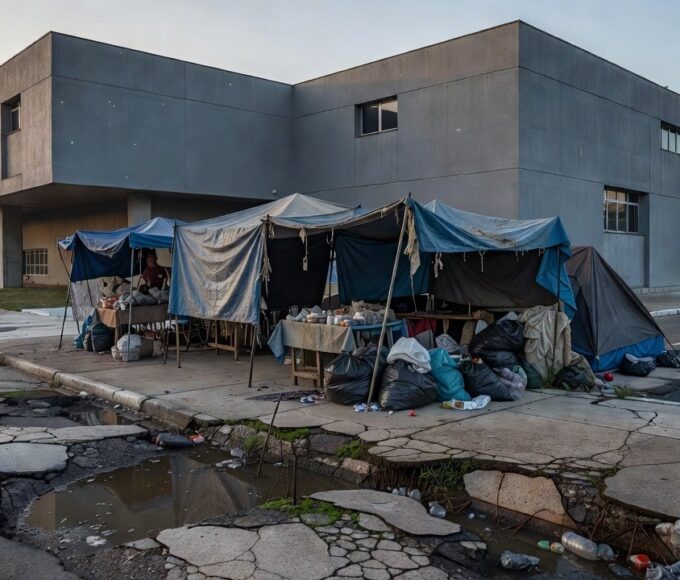 Rua em Brasília com barracos improvisados, representando projeto de lei sobre internação compulsória de moradores de rua no DF.
