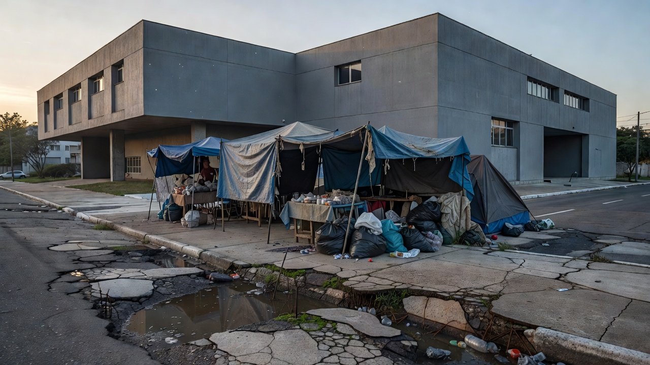 Rua em Brasília com barracos improvisados, representando projeto de lei sobre internação compulsória de moradores de rua no DF.
