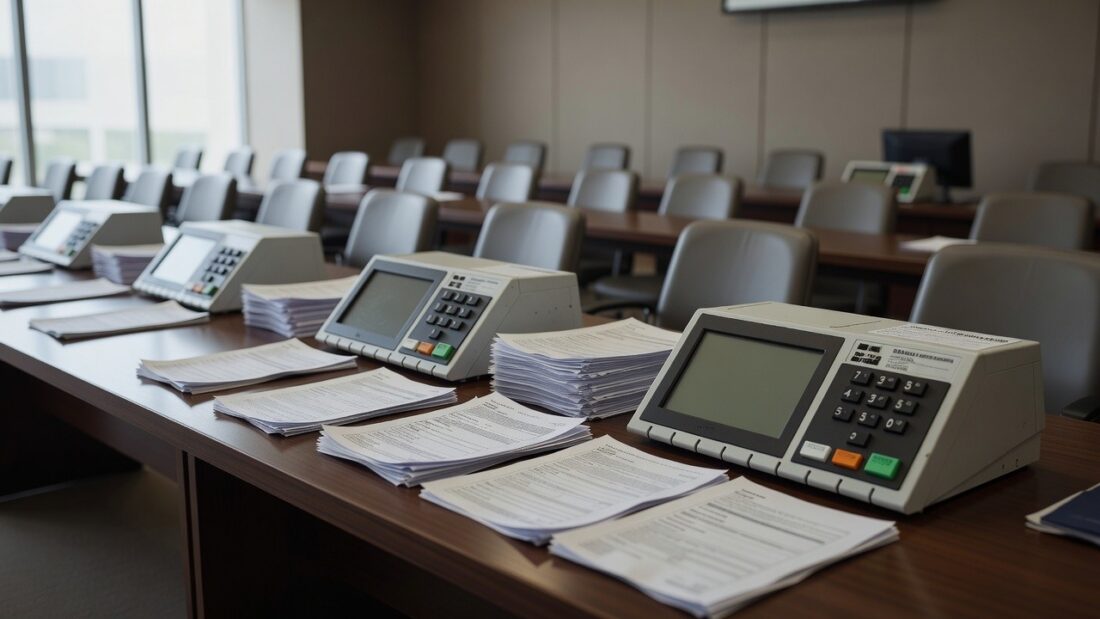 Urnas eletrônicas e documentos em seminário sobre falhas na integridade eleitoral de 2026