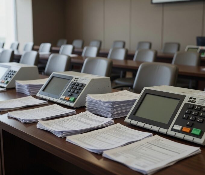 Urnas eletrônicas e documentos em seminário sobre falhas na integridade eleitoral de 2026