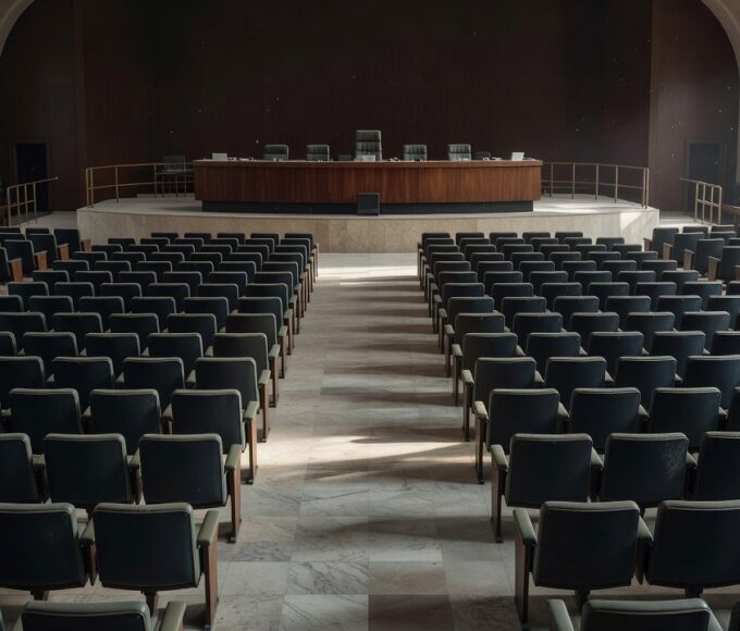 Plenário vazio da Câmara do DF com documentos indicando leis aprovadas às pressas