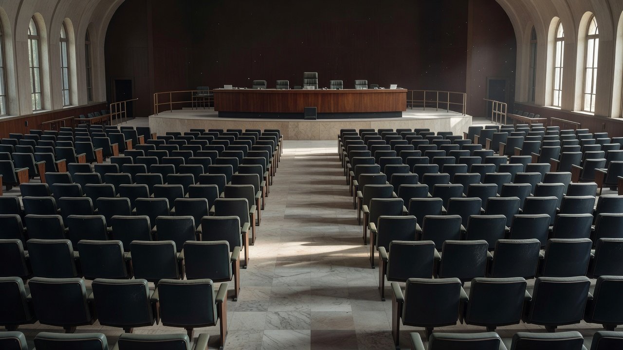 Plenário vazio da Câmara do DF com documentos indicando leis aprovadas às pressas