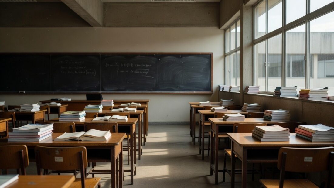 Escola pública no DF com livros e materiais didáticos representando lei sobre salários de professores