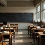 Escola pública no DF com livros e materiais didáticos representando lei sobre salários de professores