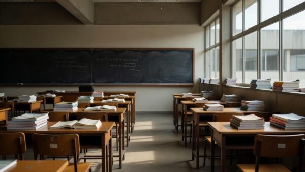 Escola pública no DF com livros e materiais didáticos representando lei sobre salários de professores