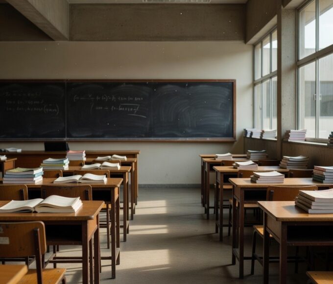 Escola pública no DF com livros e materiais didáticos representando lei sobre salários de professores