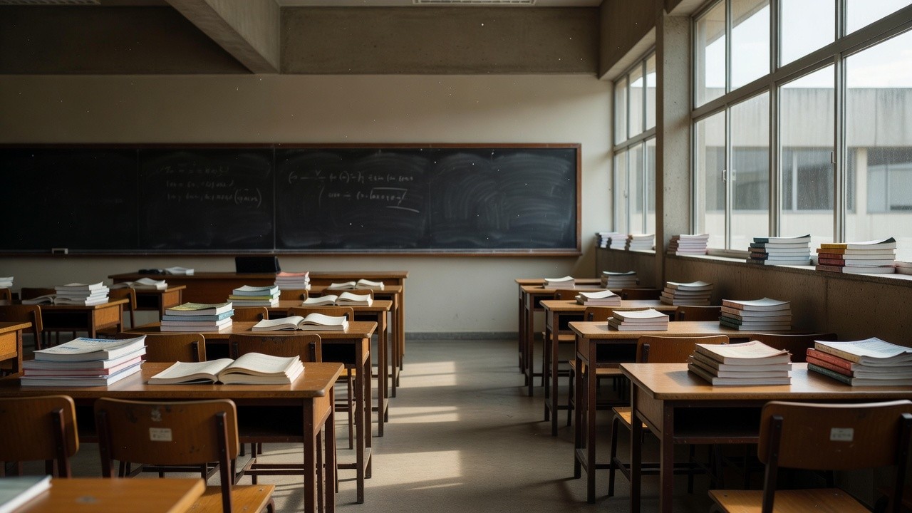 Escola pública no DF com livros e materiais didáticos representando lei sobre salários de professores