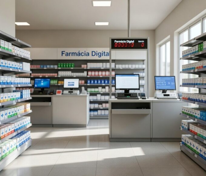 Interior da Farmácia Digital no DF com prateleiras de remédios e sistema digital