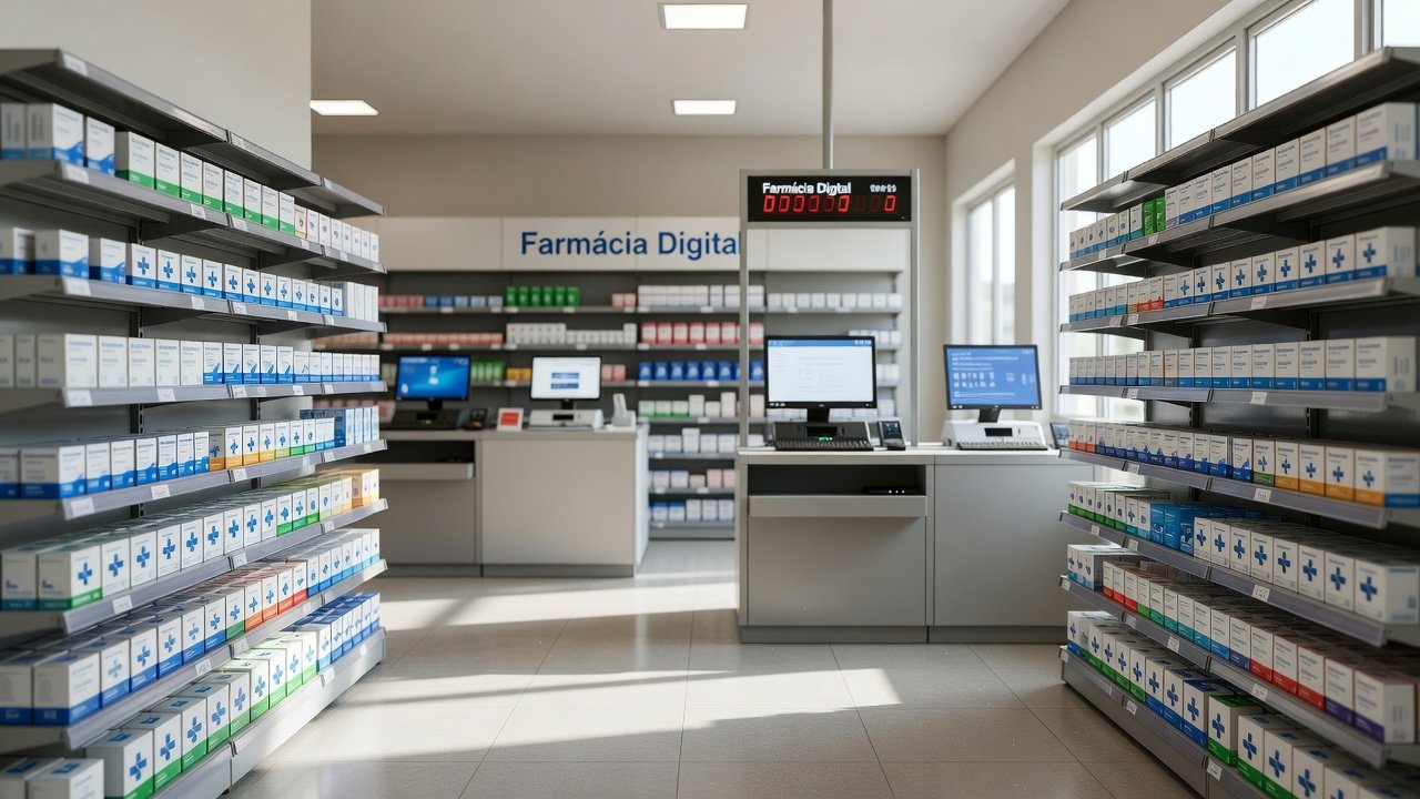 Interior da Farmácia Digital no DF com prateleiras de remédios e sistema digital