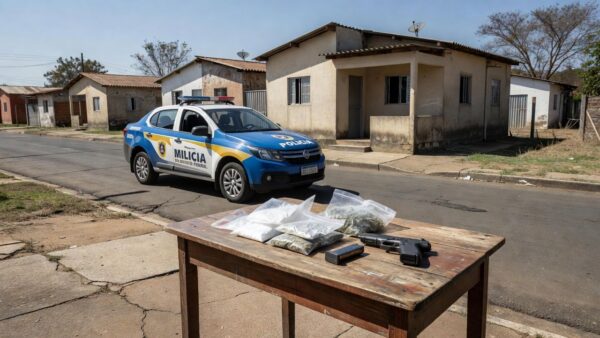 Viatura da PMDF com drogas e arma apreendidas no Gama por tráfico