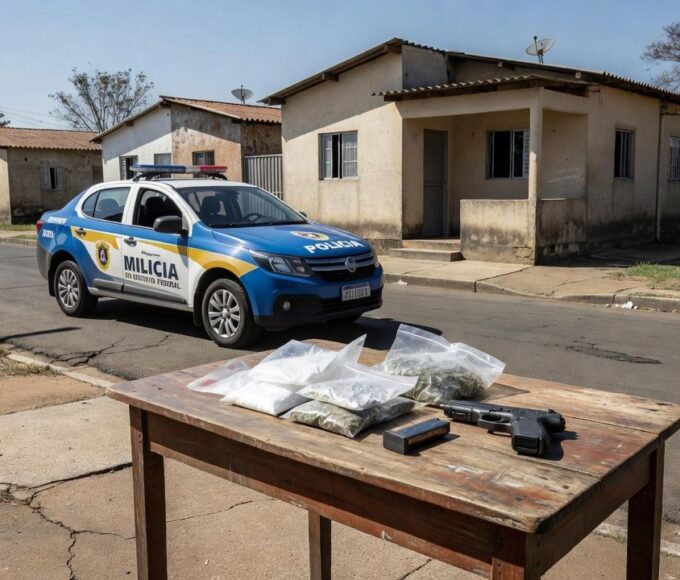 Viatura da PMDF com drogas e arma apreendidas no Gama por tráfico