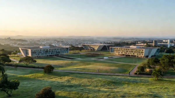 Campus da UnB com vista para periferias do DF representando integração universitária