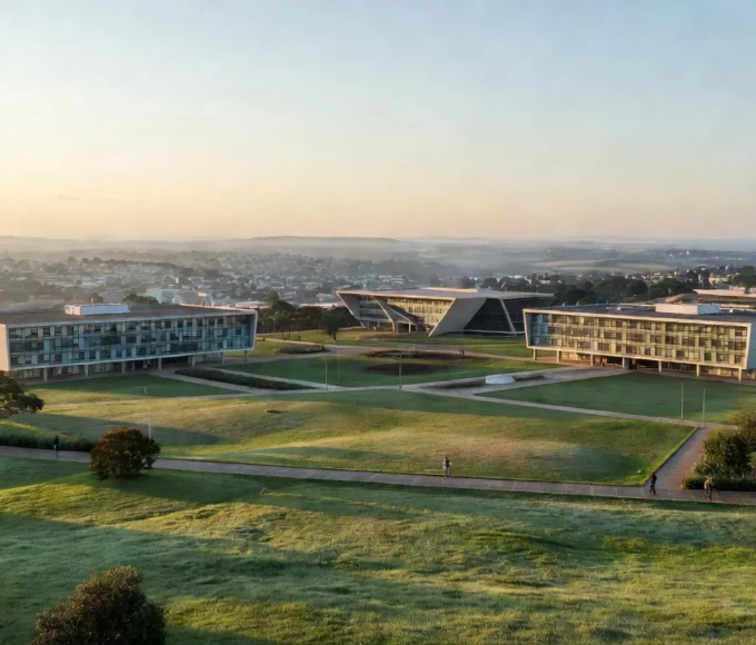 Campus da UnB com vista para periferias do DF representando integração universitária