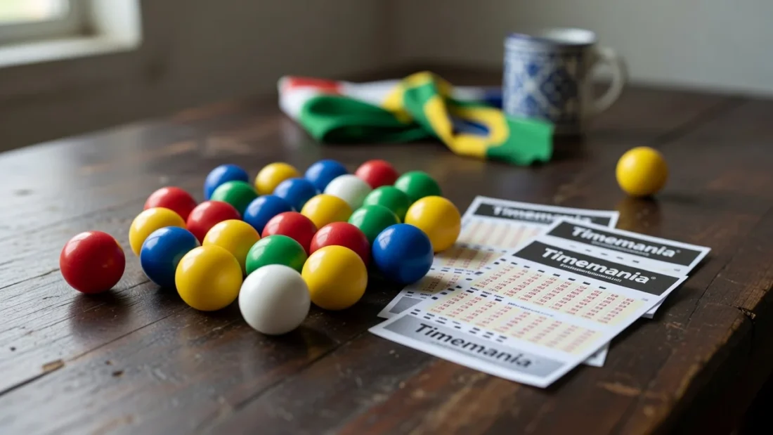Bolas numeradas e bilhetes da Timemania representando sorteio acumulado