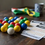 Bolas numeradas e bilhetes da Timemania representando sorteio acumulado