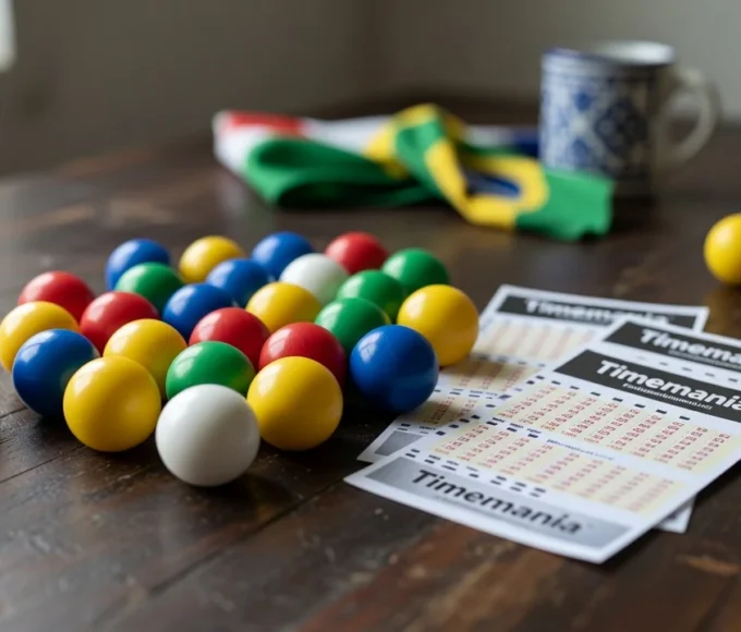 Bolas numeradas e bilhetes da Timemania representando sorteio acumulado