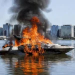 Lancha em chamas no Lago Sul de Brasília após incêndio