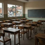 Sala de aula vazia na Escola do Legislativo com materiais infantis, representando limitação do projeto Infância Cidadã