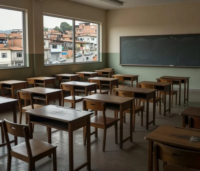 Sala de aula vazia na Escola do Legislativo com materiais infantis, representando limitação do projeto Infância Cidadã