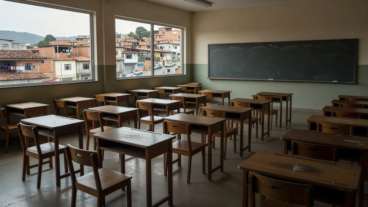 Sala de aula vazia na Escola do Legislativo com materiais infantis, representando limitação do projeto Infância Cidadã