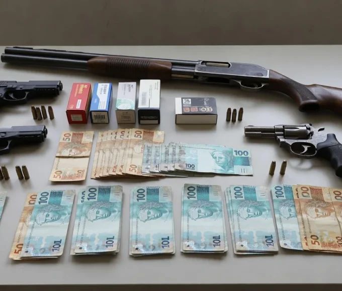 Armas, munições e dinheiro apreendidos pela PMDF e PMGO no Gama