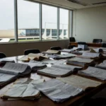 Plenário vazio da Câmara Legislativa do DF com documentos de planos de saúde