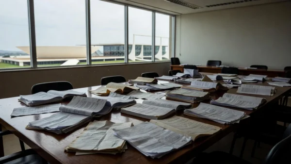 Plenário vazio da Câmara Legislativa do DF com documentos de planos de saúde