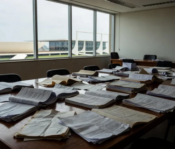 Plenário vazio da Câmara Legislativa do DF com documentos de planos de saúde
