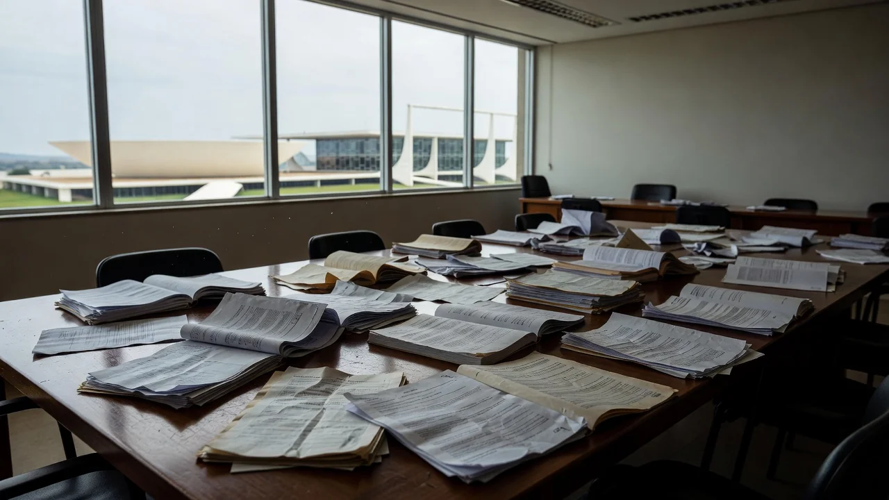 Plenário vazio da Câmara Legislativa do DF com documentos de planos de saúde