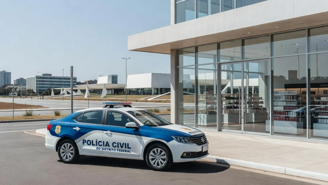 Viatura da Polícia Civil em frente a loja de cosméticos em Brasília após prisões por furtos
