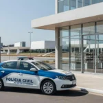 Viatura da Polícia Civil em frente a loja de cosméticos em Brasília após prisões por furtos