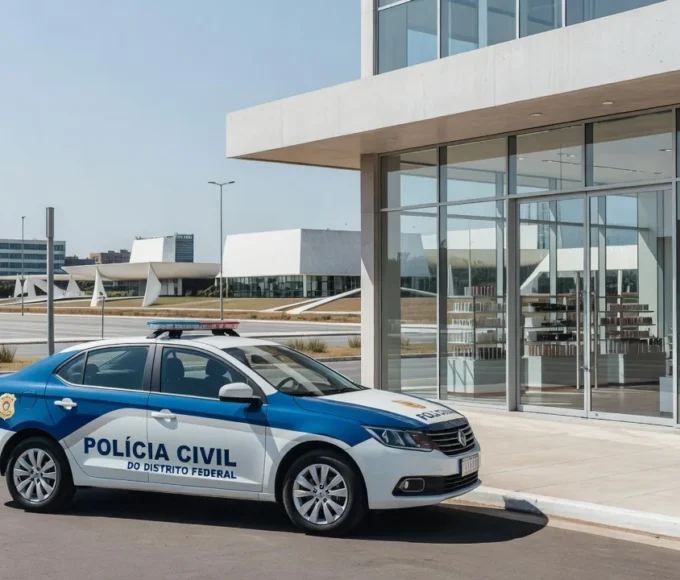 Viatura da Polícia Civil em frente a loja de cosméticos em Brasília após prisões por furtos