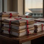 Mesa com pilhas de documentos oficiais representando burocracia em emendas parlamentares no Distrito Federal