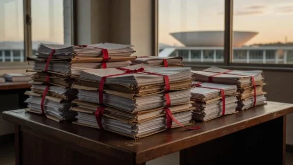 Mesa com pilhas de documentos oficiais representando burocracia em emendas parlamentares no Distrito Federal