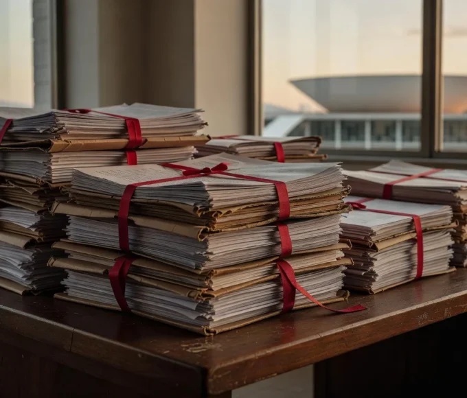 Mesa com pilhas de documentos oficiais representando burocracia em emendas parlamentares no Distrito Federal