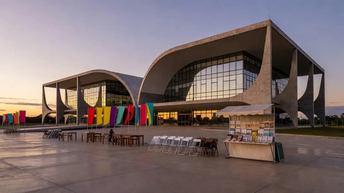 Edifício do Sesc-DF em Brasília durante evento pelos 80 anos do Sistema Comércio