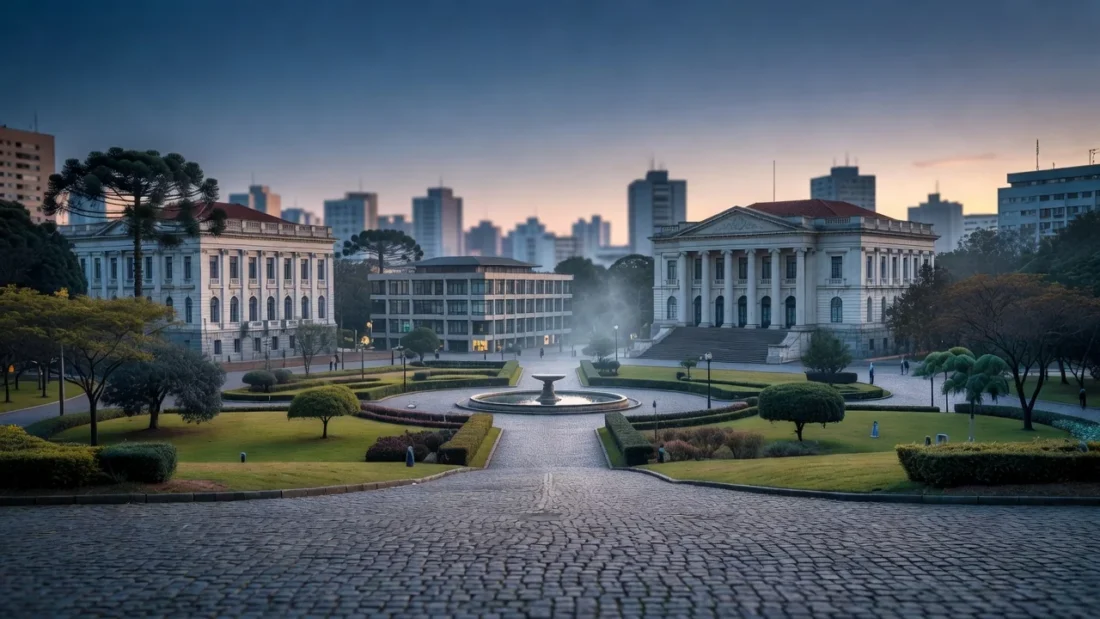 Paisagem urbana sulista com edifícios públicos representando cenário eleitoral