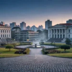Paisagem urbana sulista com edifícios públicos representando cenário eleitoral