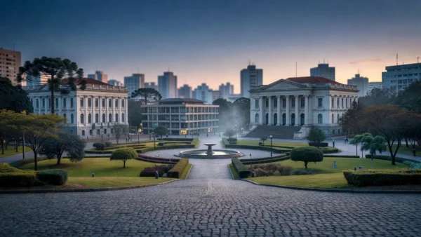 Paisagem urbana sulista com edifícios públicos representando cenário eleitoral