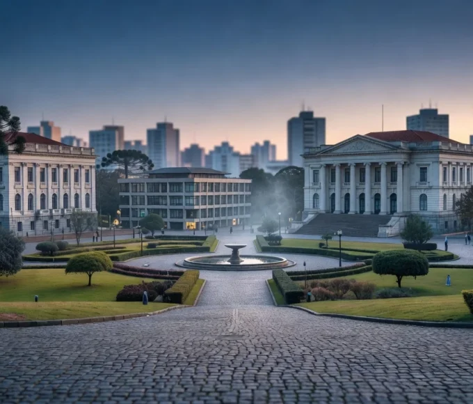 Paisagem urbana sulista com edifícios públicos representando cenário eleitoral